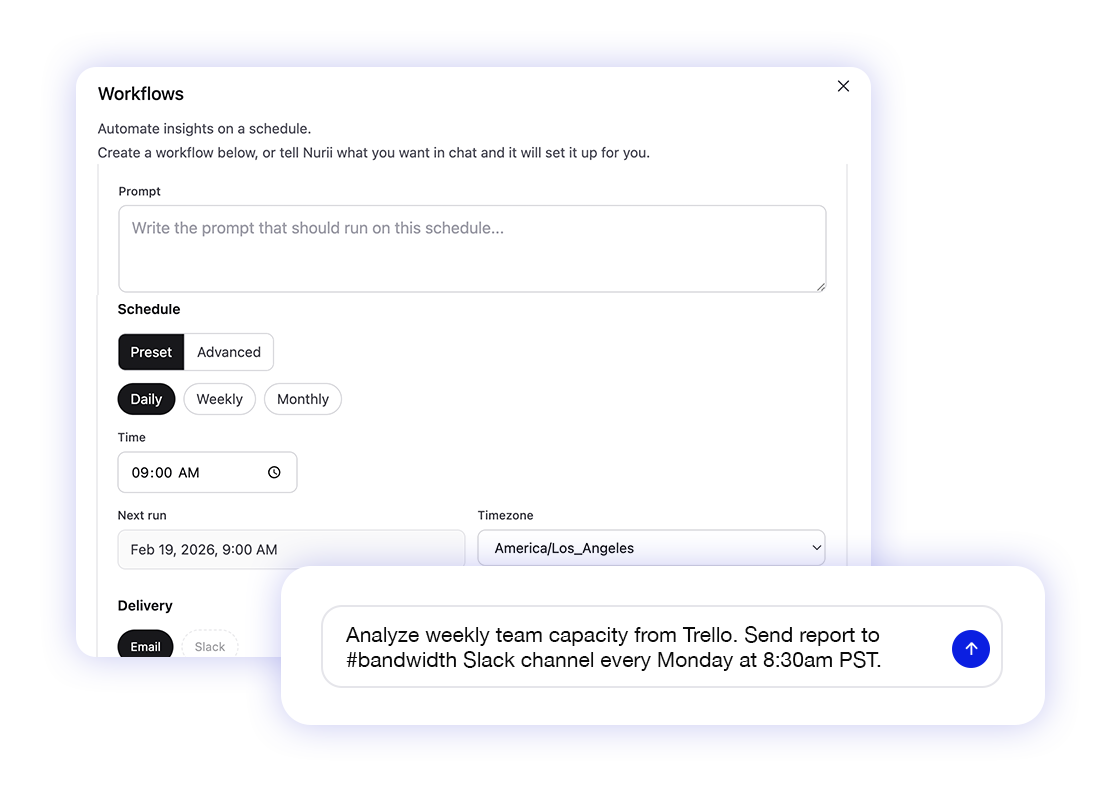 Nurii workflow builder for scheduled AI automations.