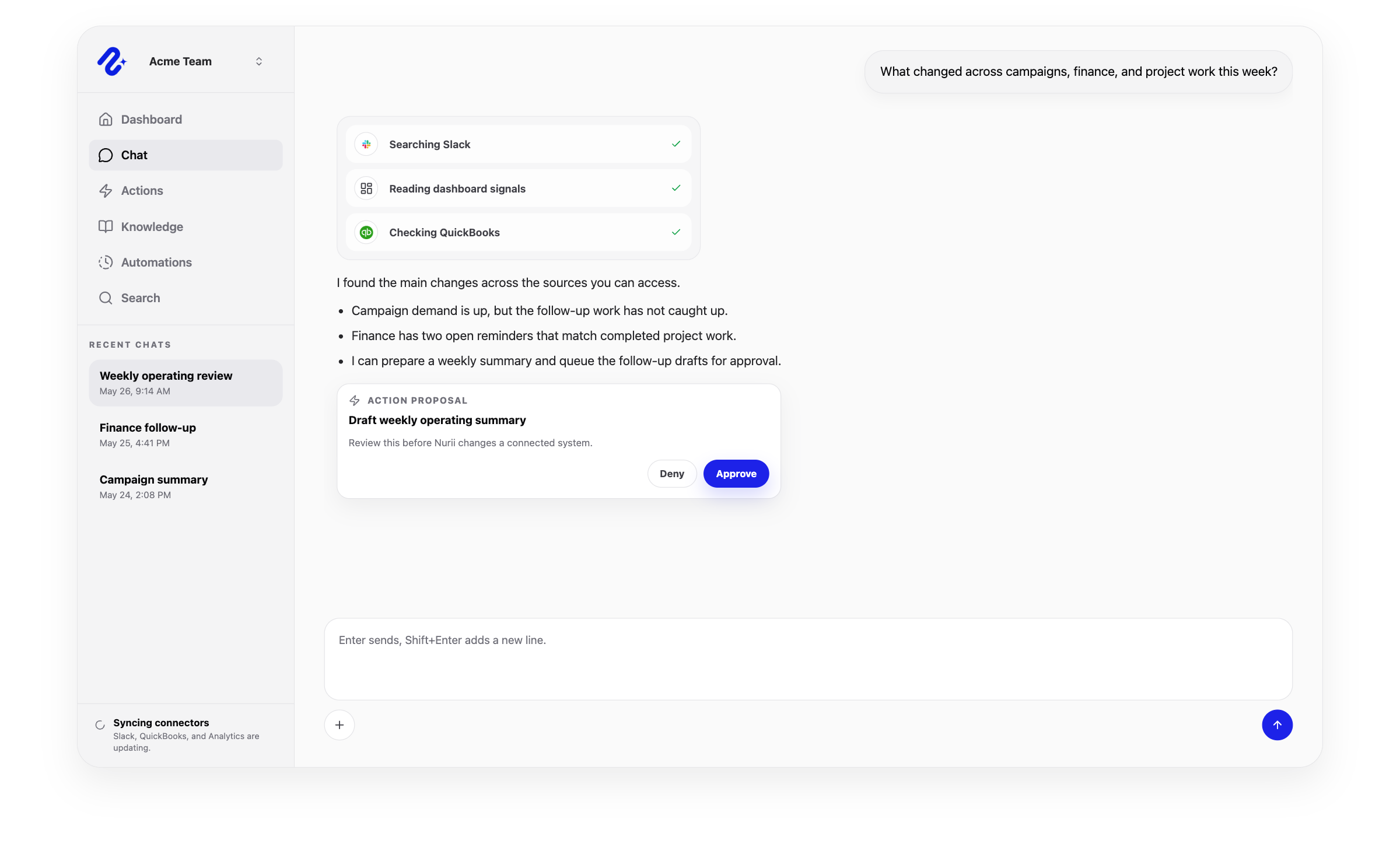 Nurii AI chat workspace with connected app context, source context, and follow-up prompts.