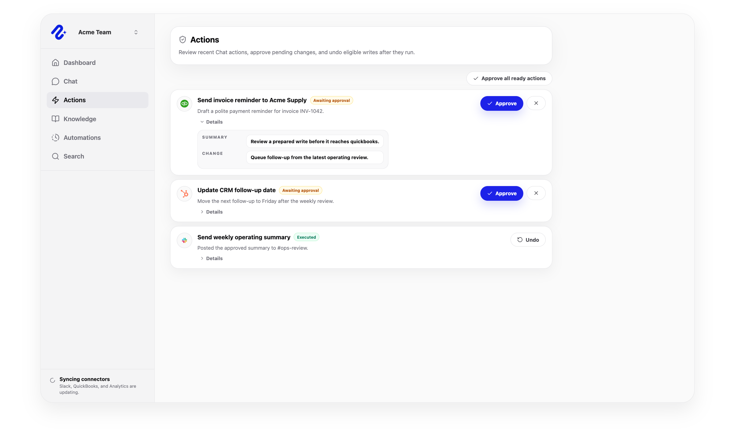 Nurii Actions workspace showing pending approvals, action details, and reviewed write controls.