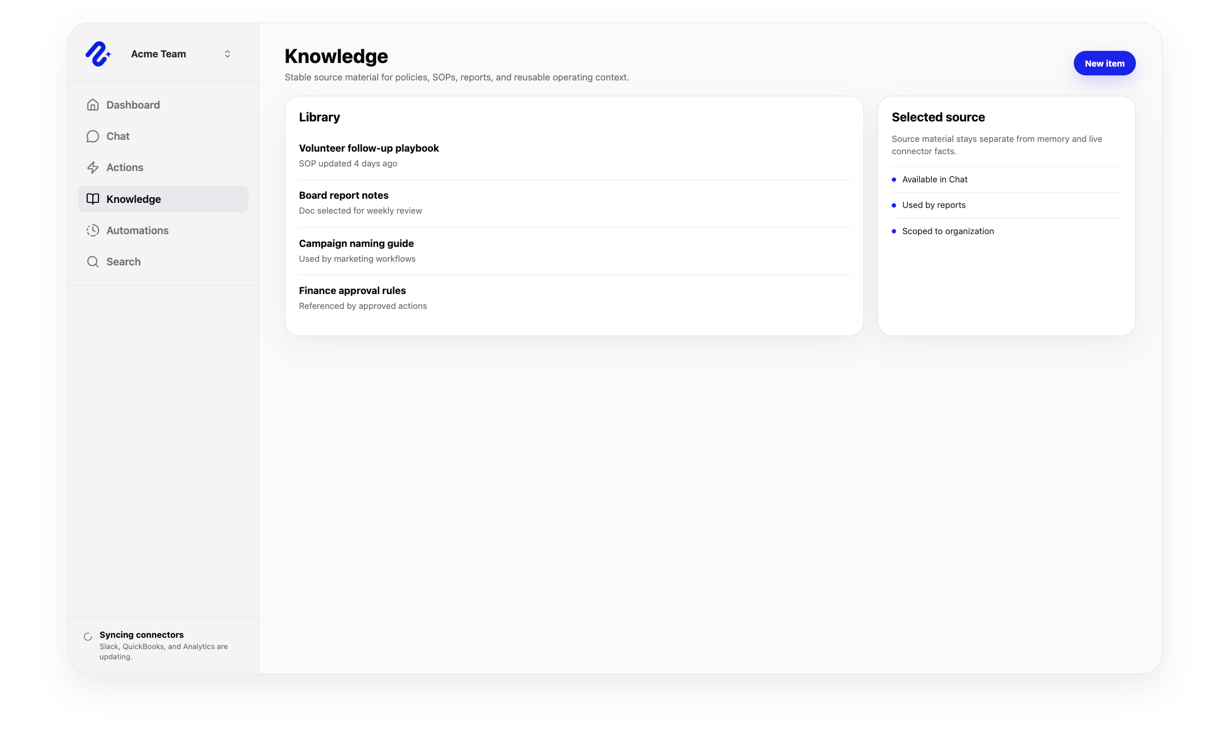 Nurii Knowledge workspace with source cards, grounded response context, and reusable team knowledge.
