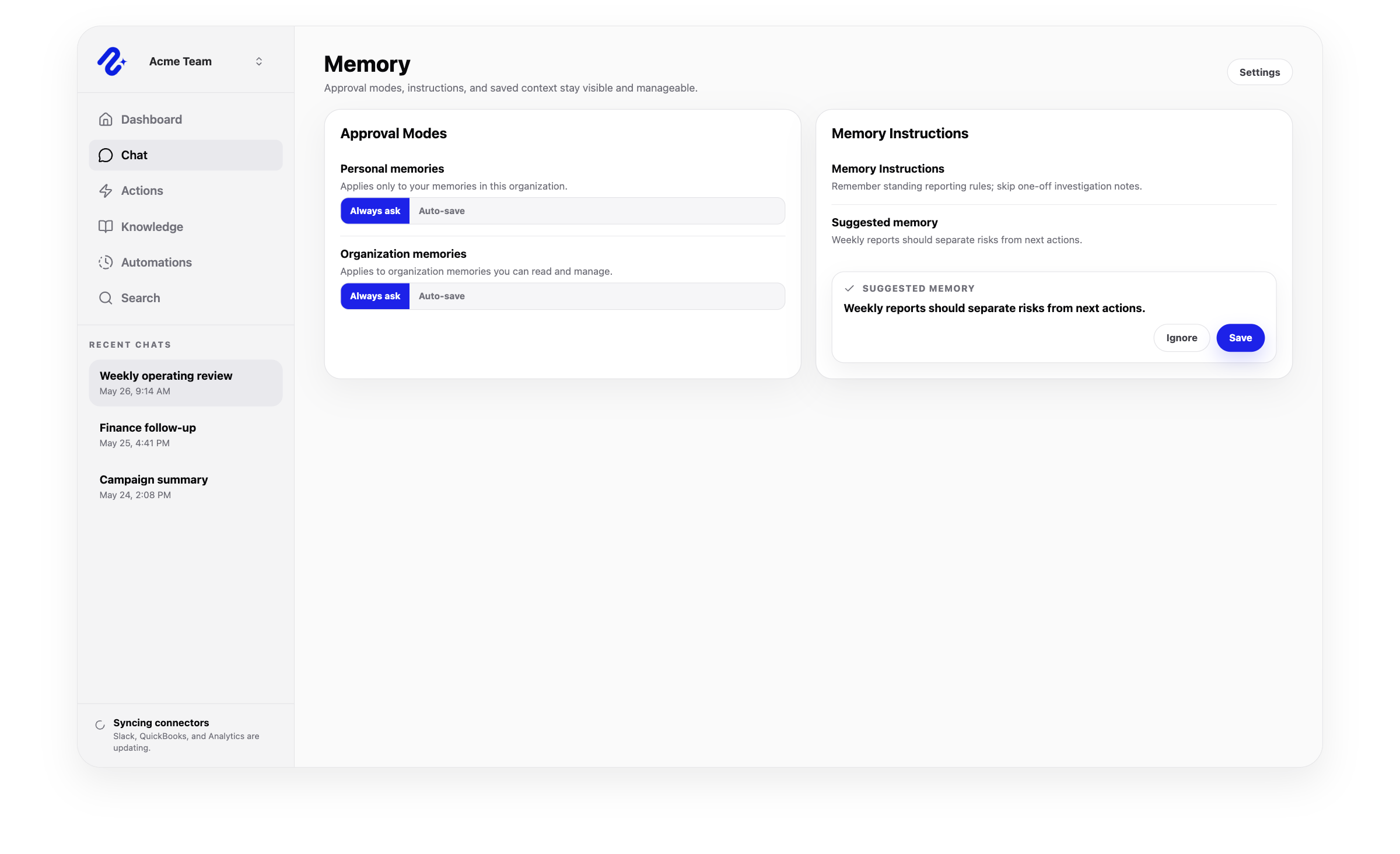 Nurii memory approvals workspace with scoped durable preferences and source boundary controls.