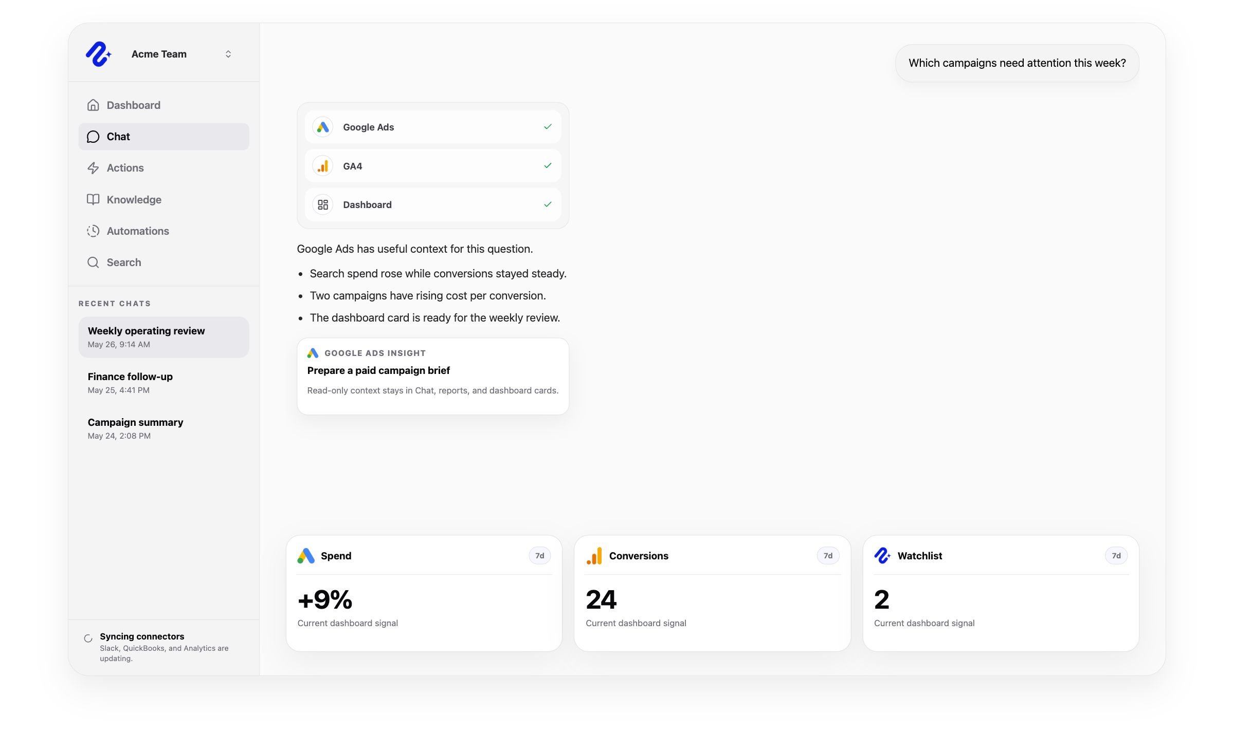 Nurii product visual for Google Ads connected operations, workflows, and reviewed follow-up.