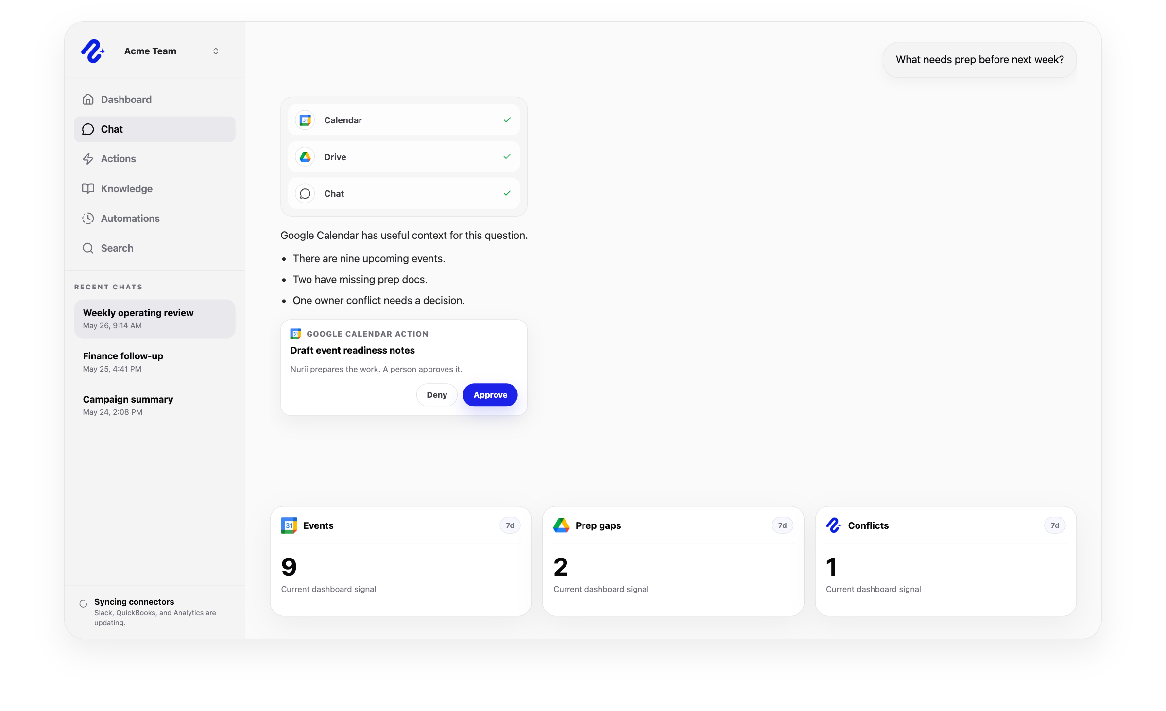 Nurii product visual for Google Calendar connected operations, workflows, and reviewed follow-up.