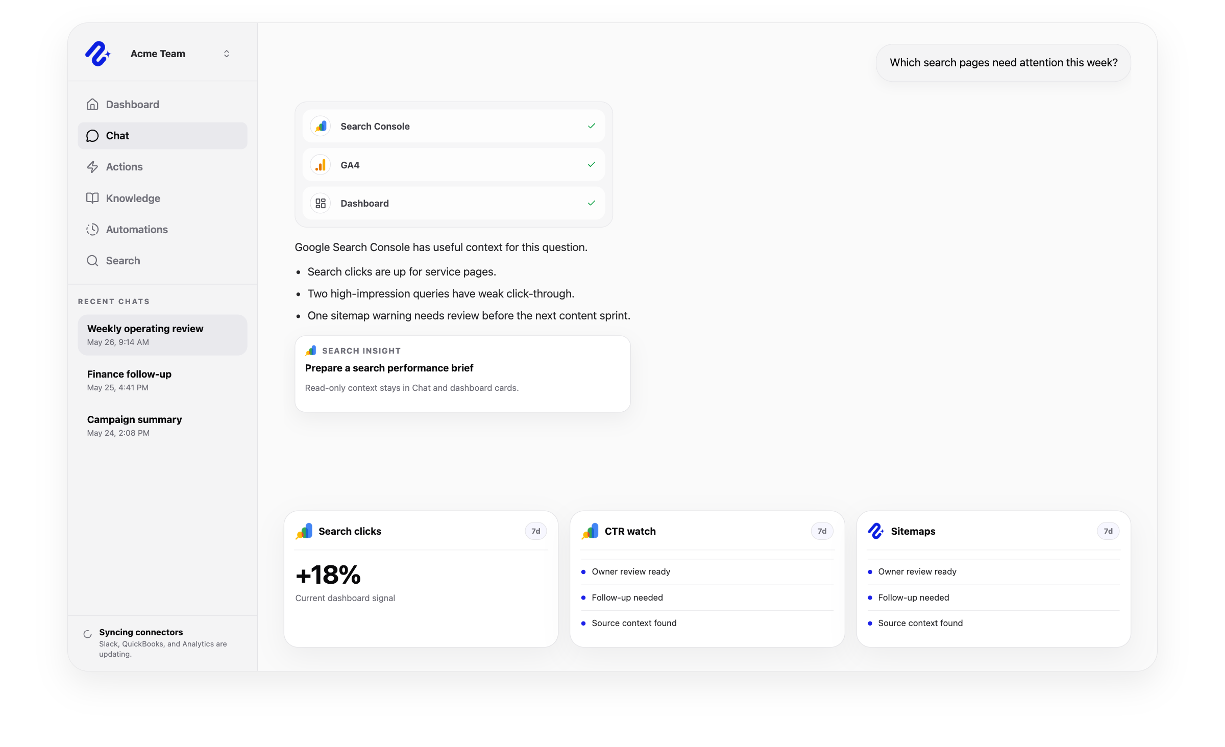 Nurii product visual for Google Search Console connected operations, workflows, and reviewed follow-up.