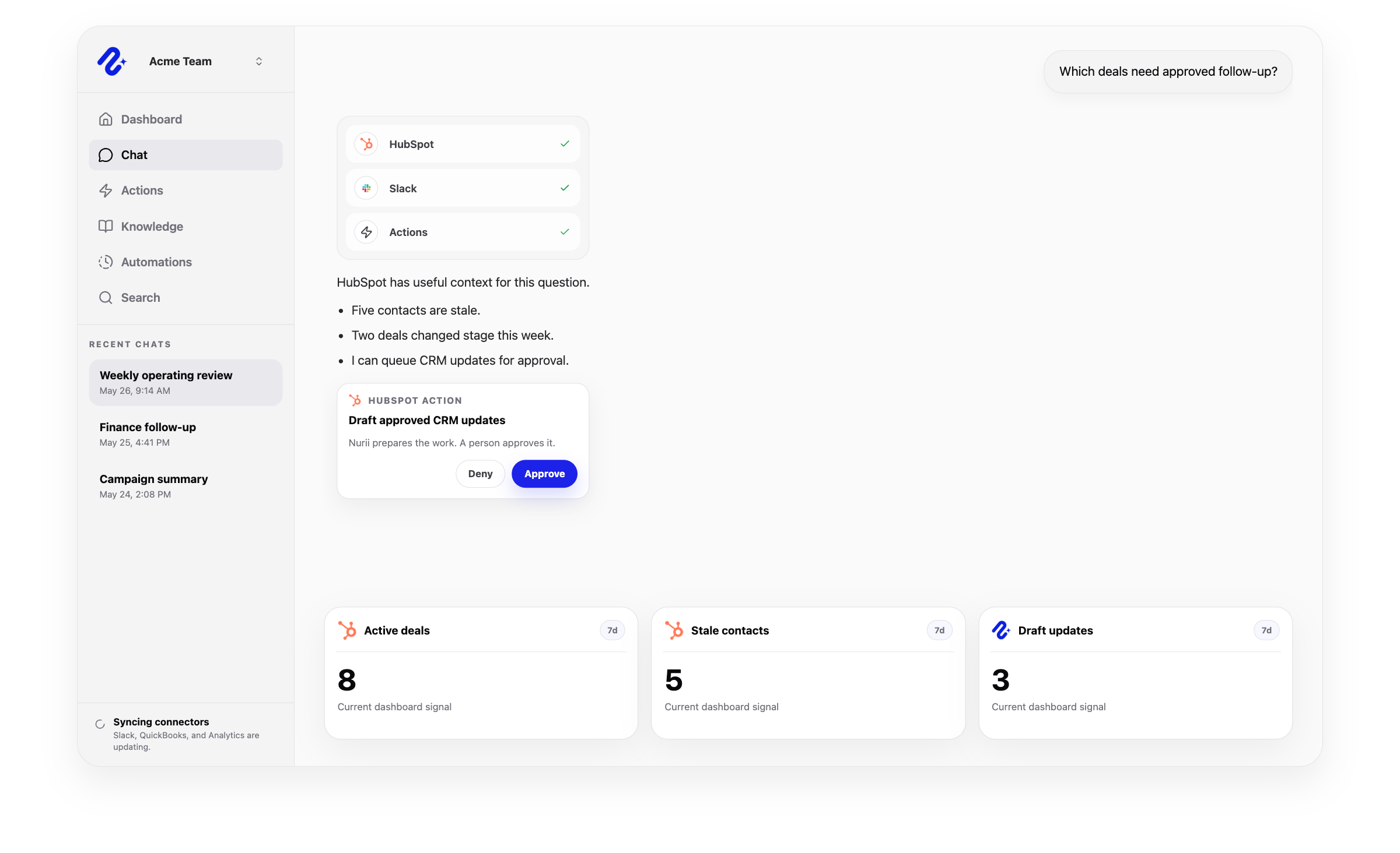 Nurii product visual for HubSpot connected operations, workflows, and reviewed follow-up.
