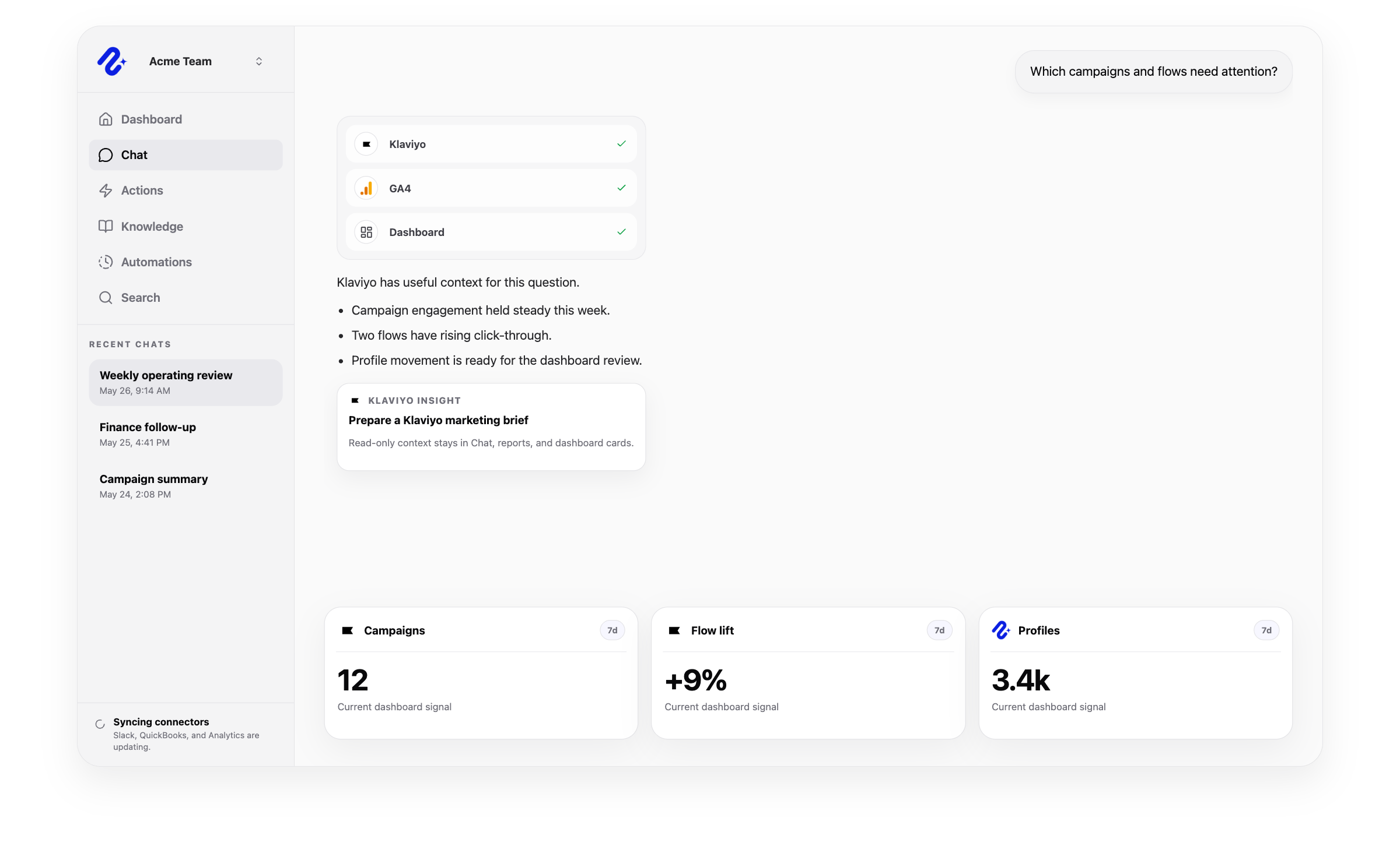 Nurii product visual for Klaviyo connected operations, workflows, and reviewed follow-up.