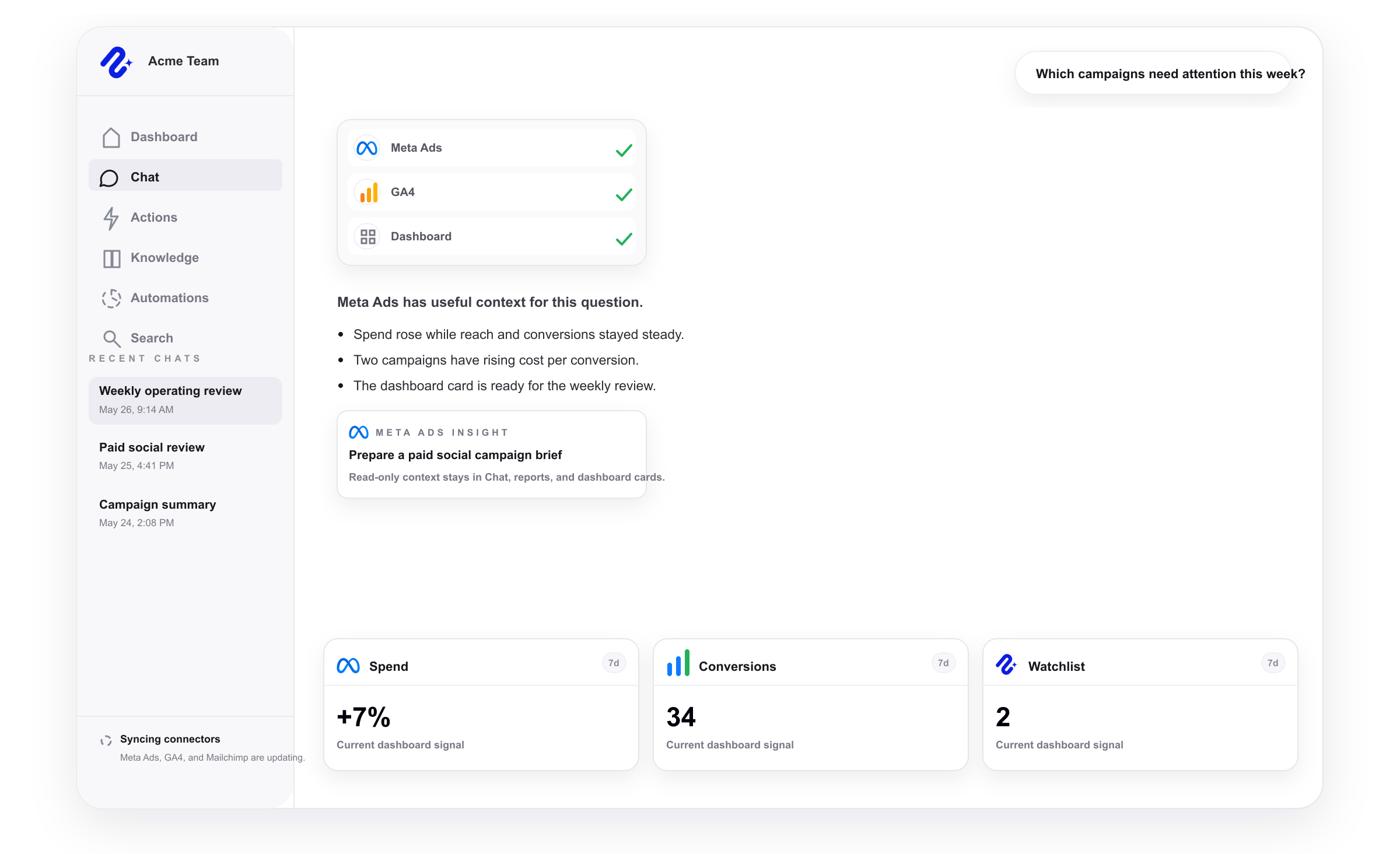 Nurii product visual for Meta Ads connected operations, workflows, and reviewed follow-up.