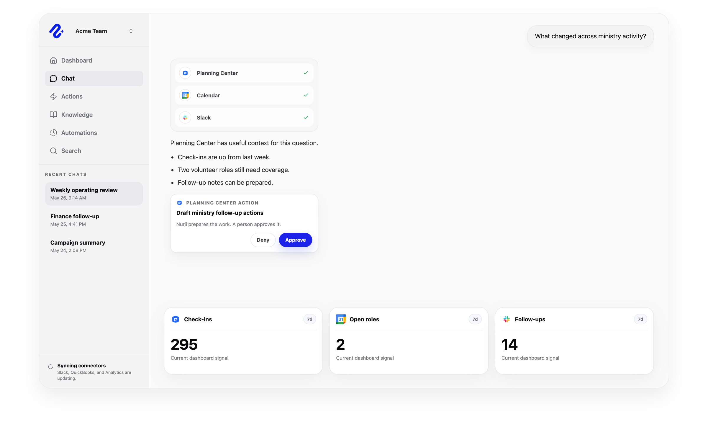 Nurii product visual for Planning Center connected operations, workflows, and reviewed follow-up.