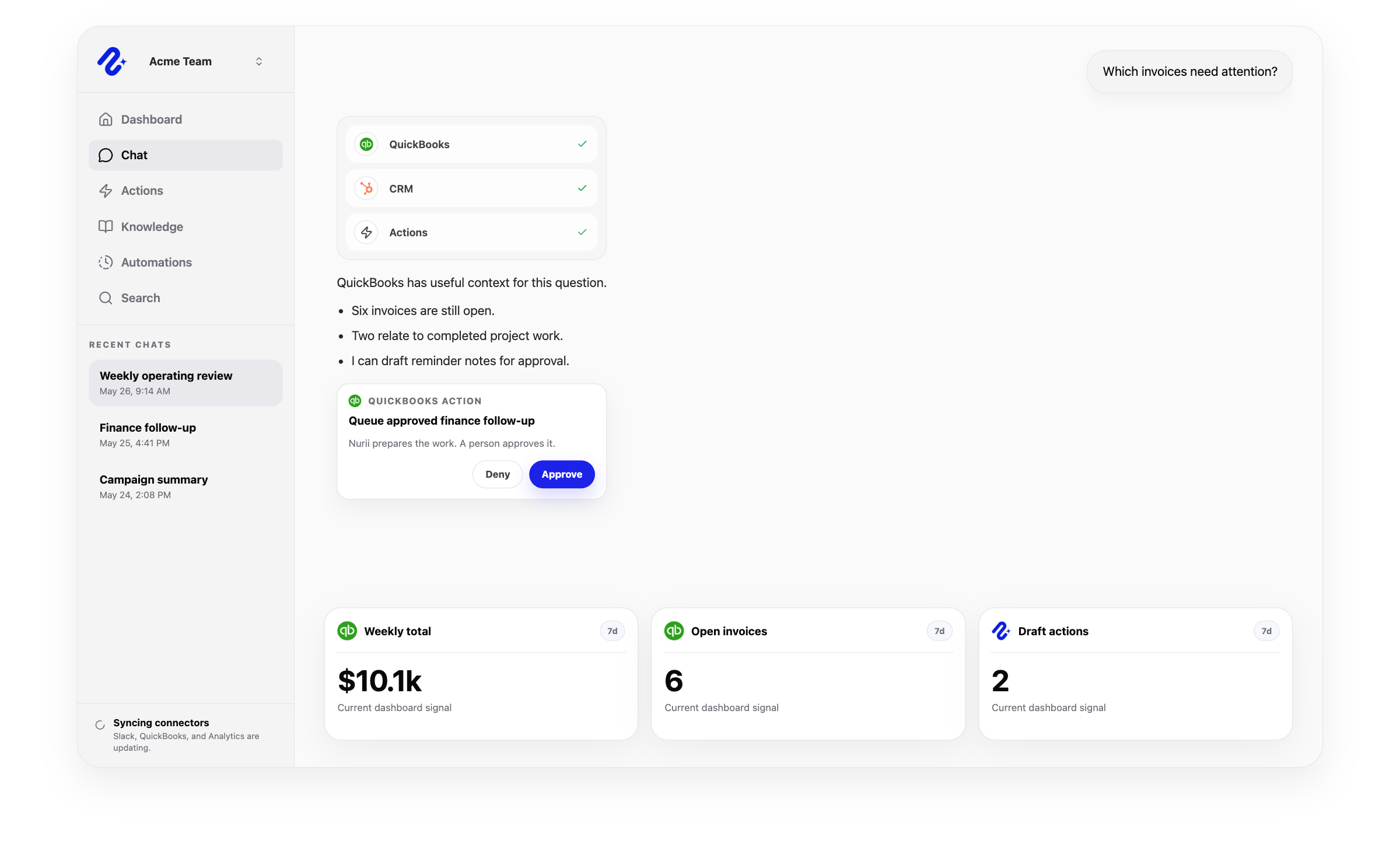 Nurii product visual for QuickBooks connected operations, workflows, and reviewed follow-up.