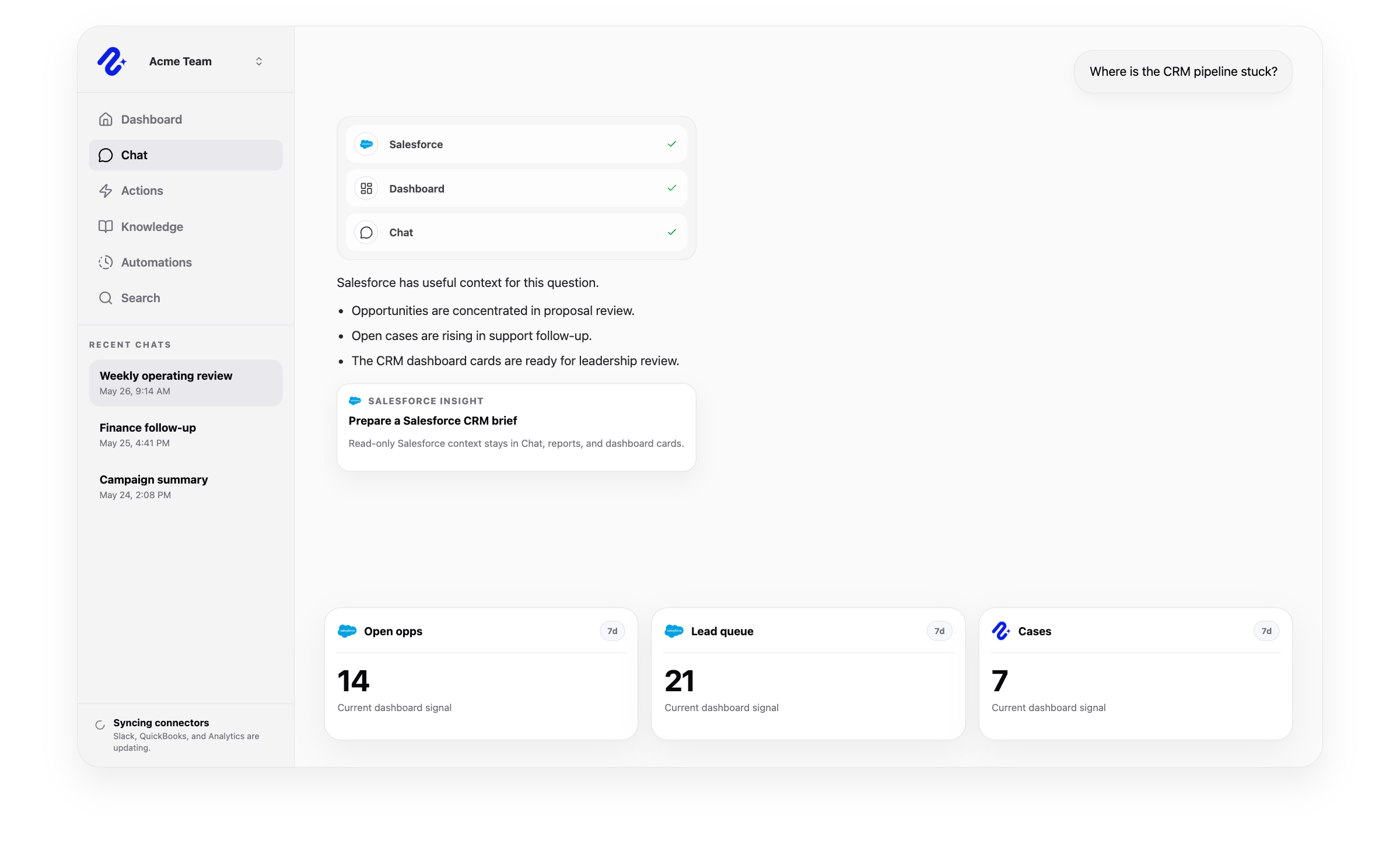 Nurii product visual for Salesforce connected operations, workflows, and reviewed follow-up.