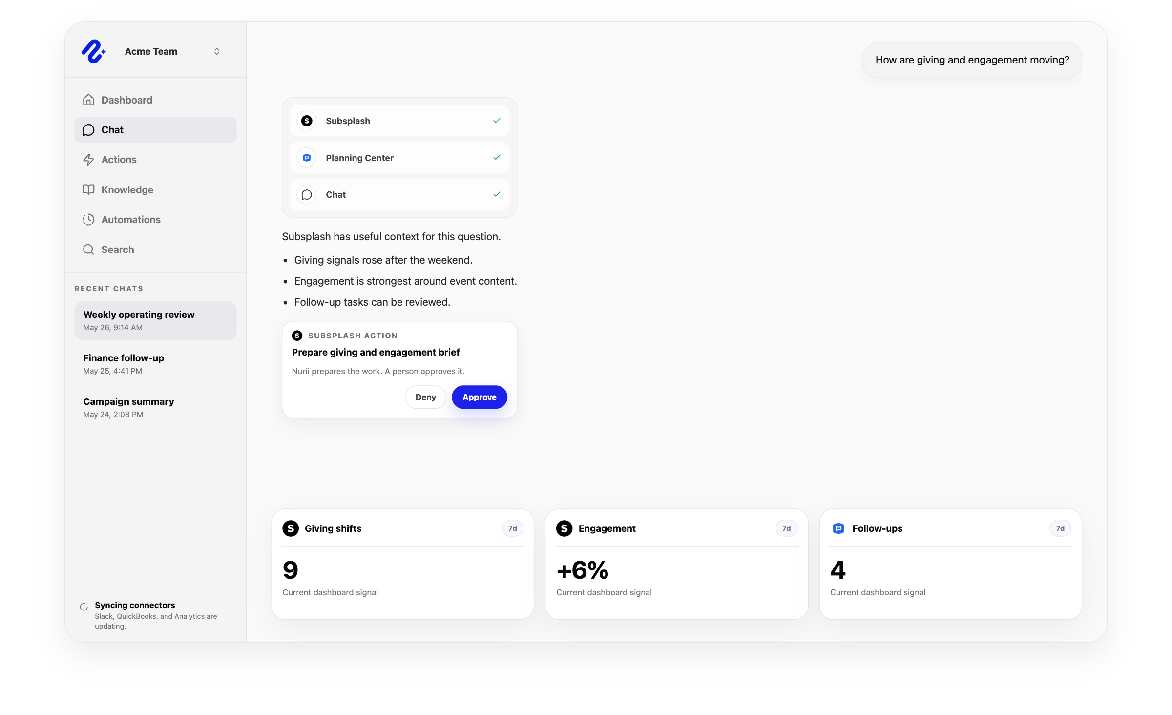 Nurii product visual for Subsplash connected operations, workflows, and reviewed follow-up.