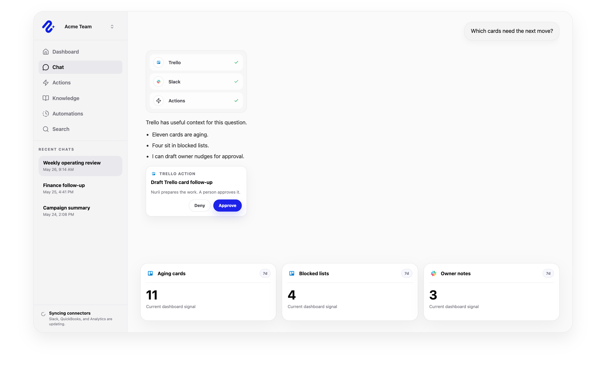 Nurii product visual for Trello connected operations, workflows, and reviewed follow-up.