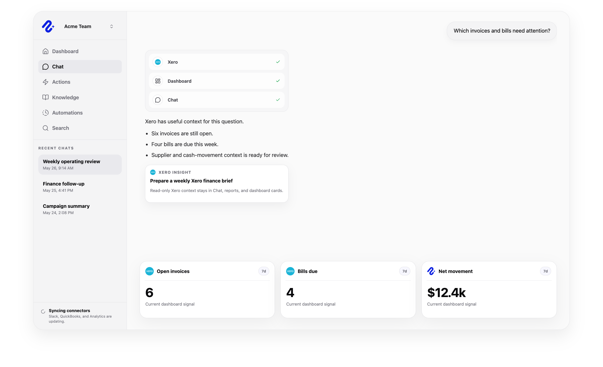 Nurii product visual for Xero connected operations, workflows, and reviewed follow-up.