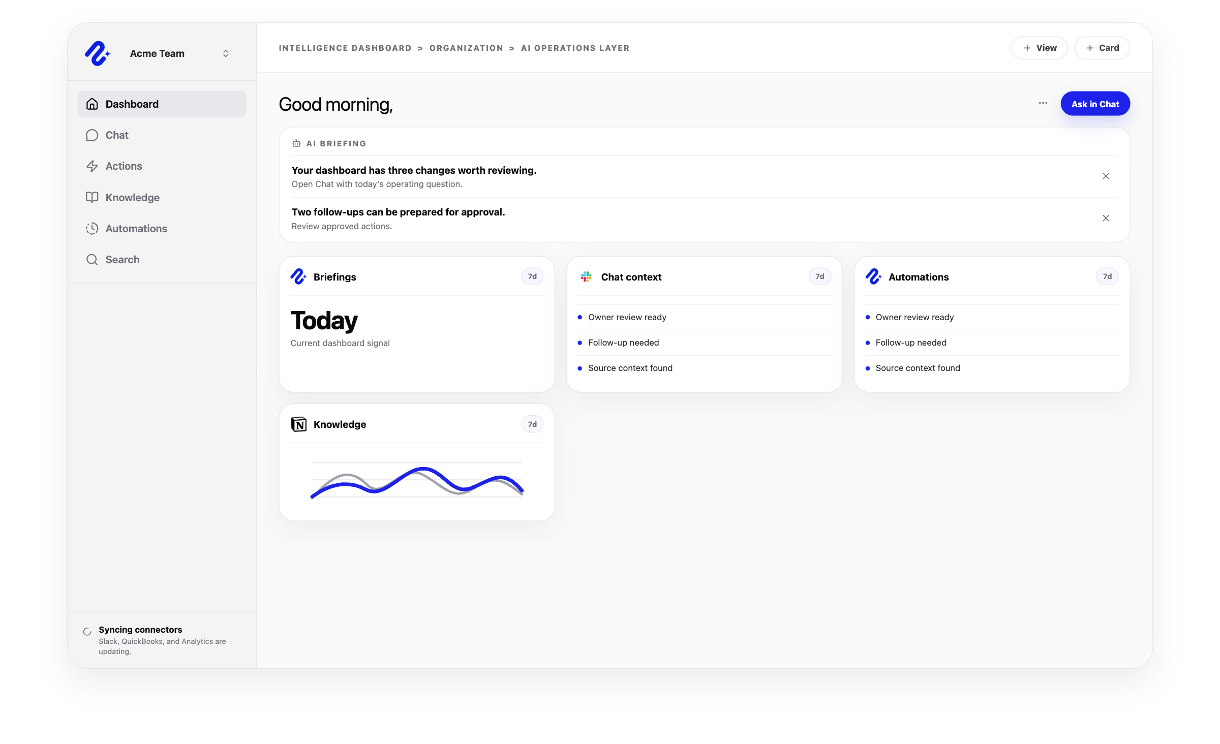 Nurii platform overview showing connected tools, AI chat, automations, dashboards, and approved actions.