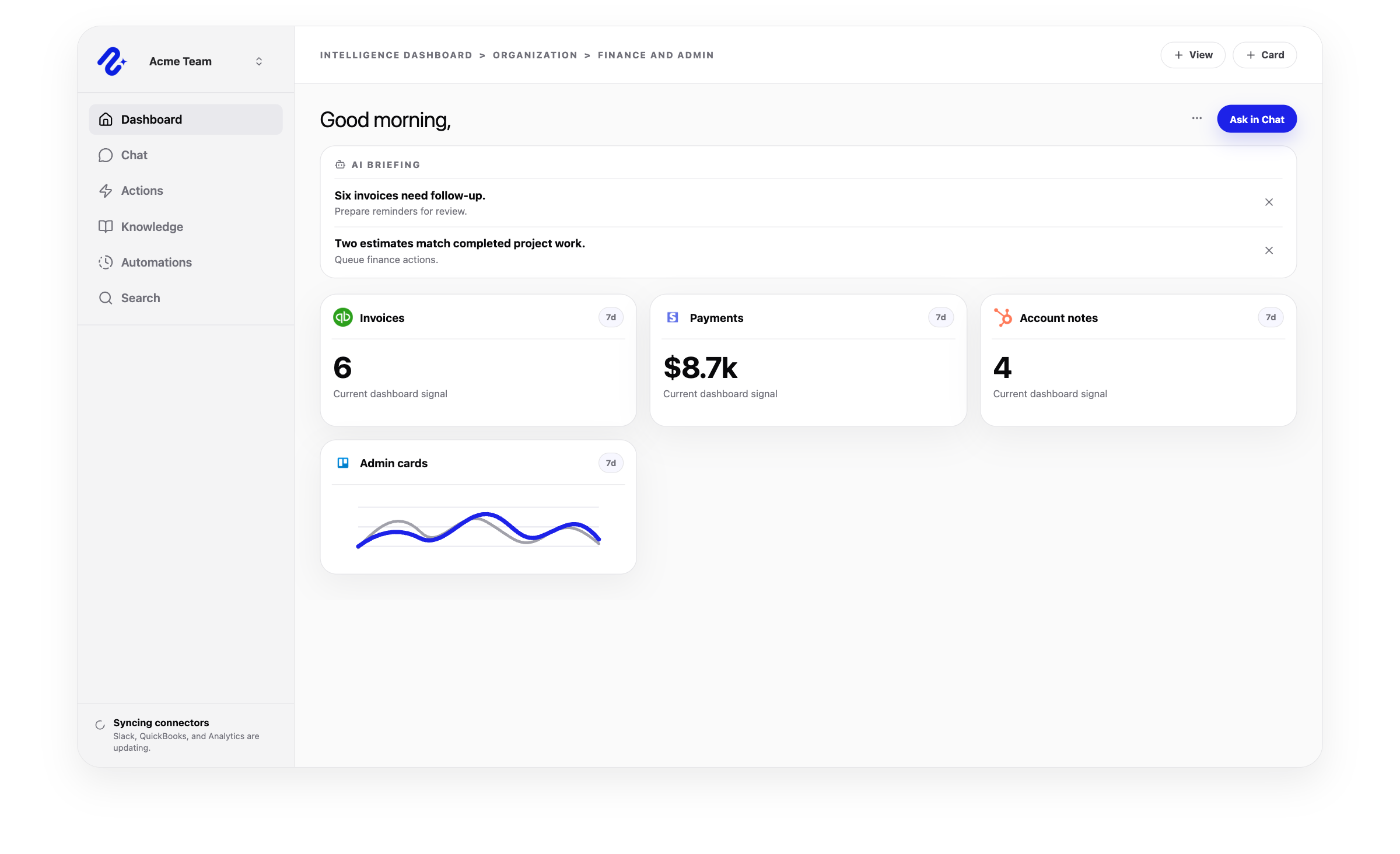 Nurii finance and admin workspace showing invoices, payments, estimates, CRM context, and approved follow-up.