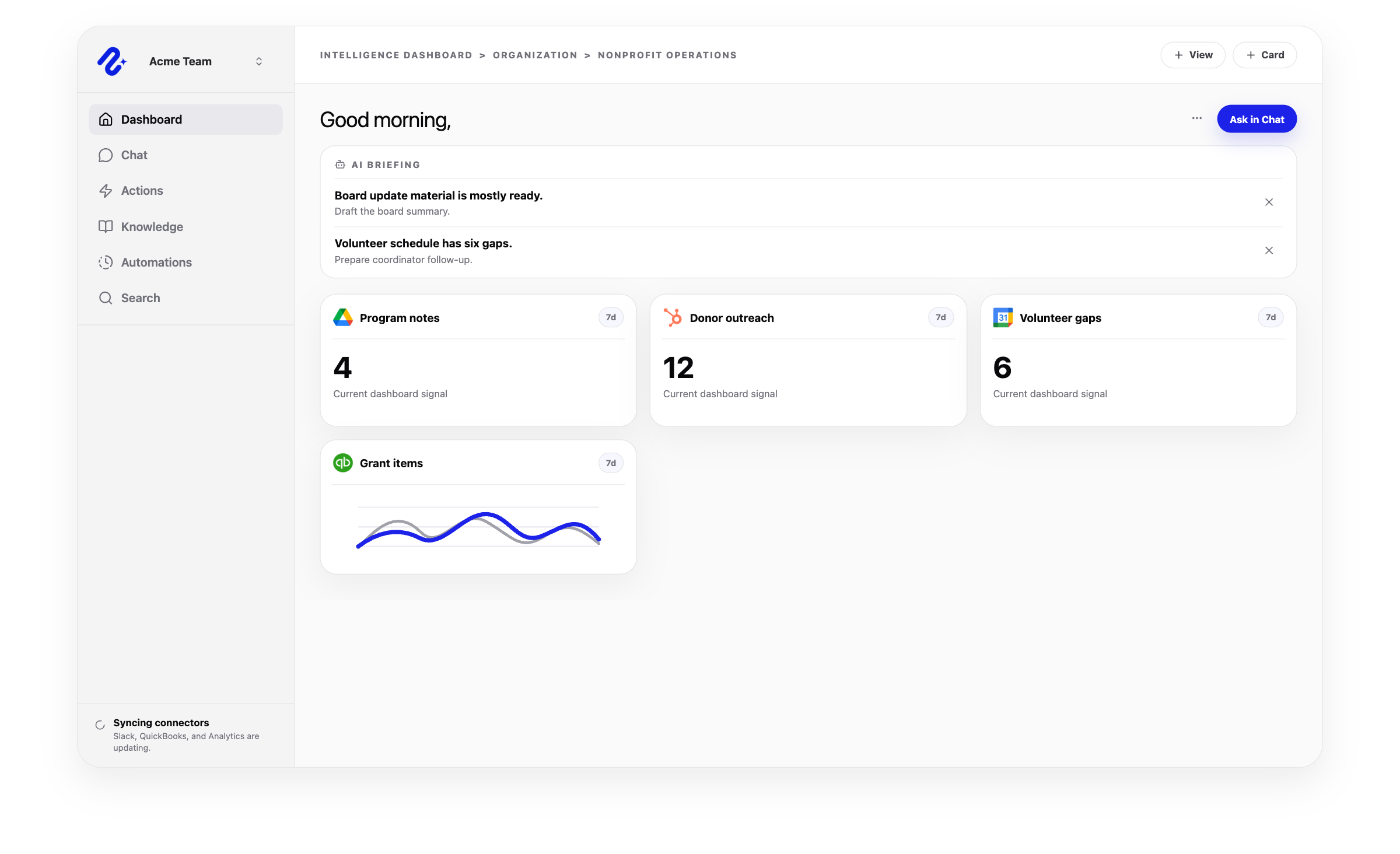 Nurii nonprofit operations workspace showing program, donor, volunteer, grant, event, and reporting signals.