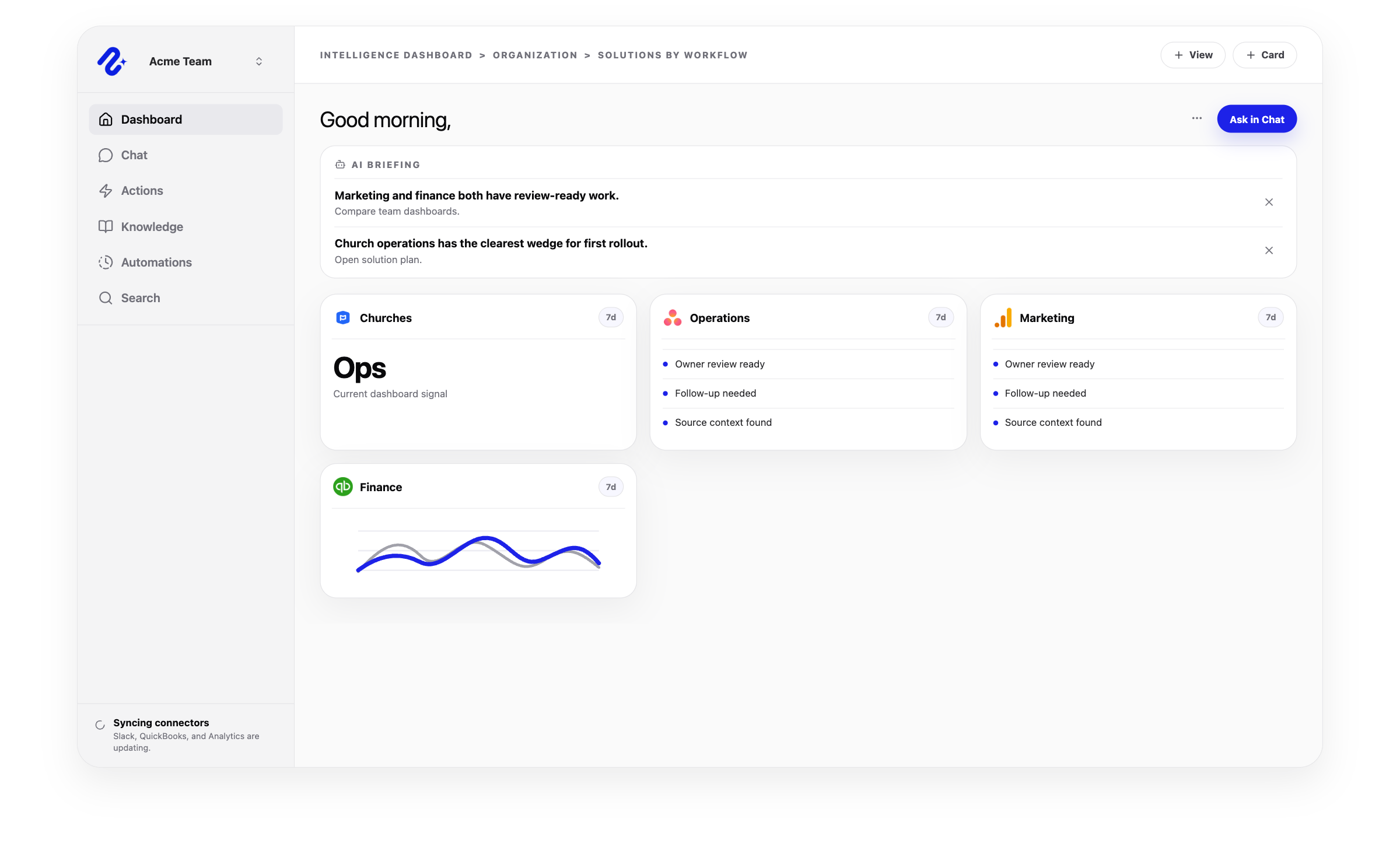 Nurii solutions overview showing AI operations workflows across churches, operations, marketing, and finance.